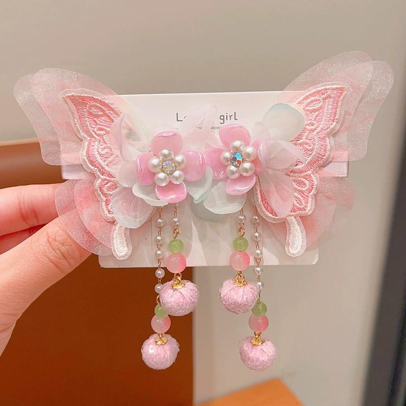 2PCS Children's Hanfu Headwear Hair Clip Little Girl Butterfly Step Swinging Hair Clip Girl Super Fairy Tassel Hair Accessories