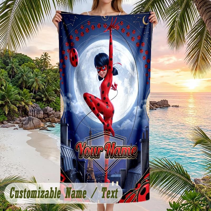 Asciugamano da Spiaggia Miraculous Ladybug, Testo Personalizzato su Misura, Asciugatura Rapida Morbido Grande Asciugamano per Piscina Viaggio
