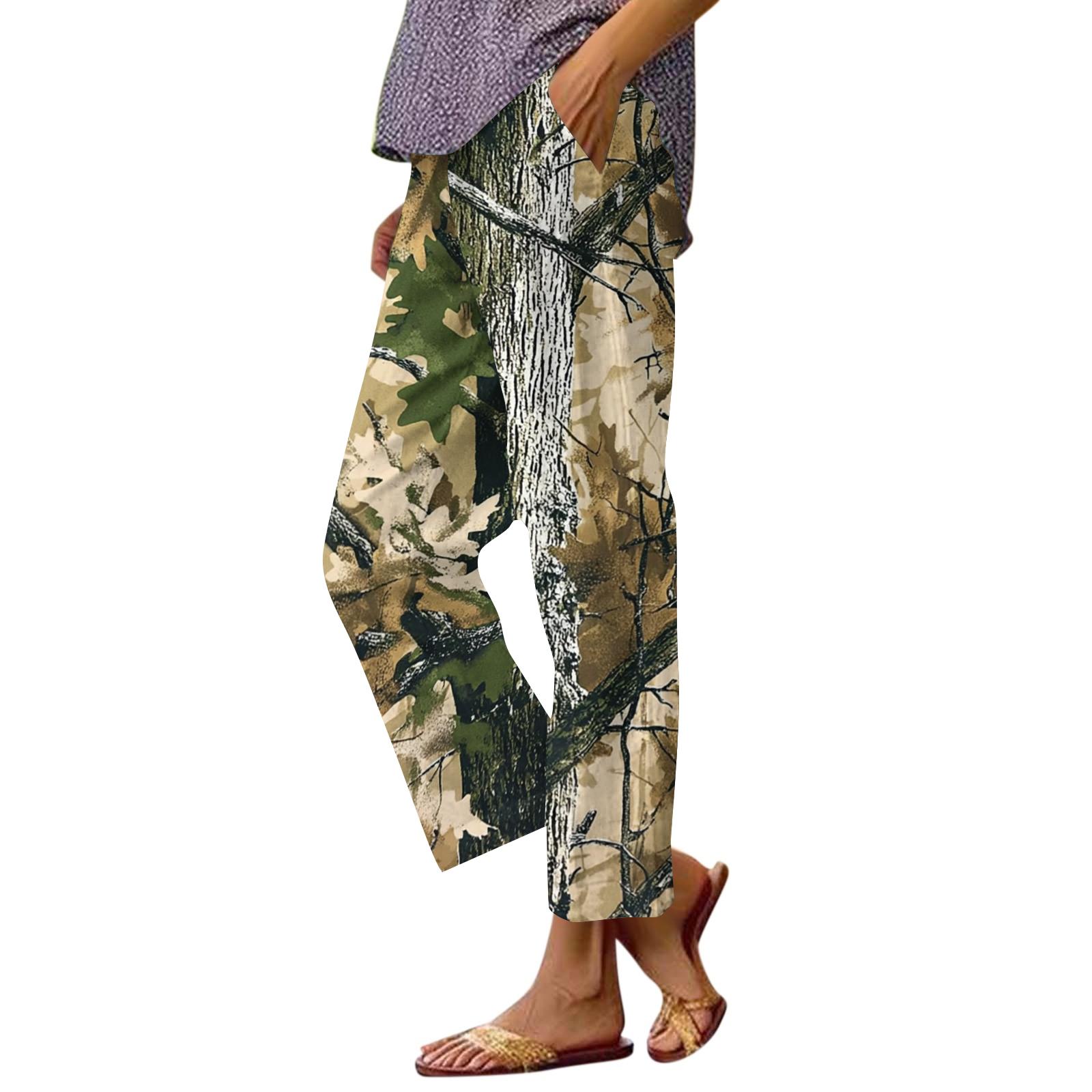 

Relaxed Fit Drawstring Waist Camouflage Printed Casual Pants for Women Lightweight Straight Leg Trousers M коричневый