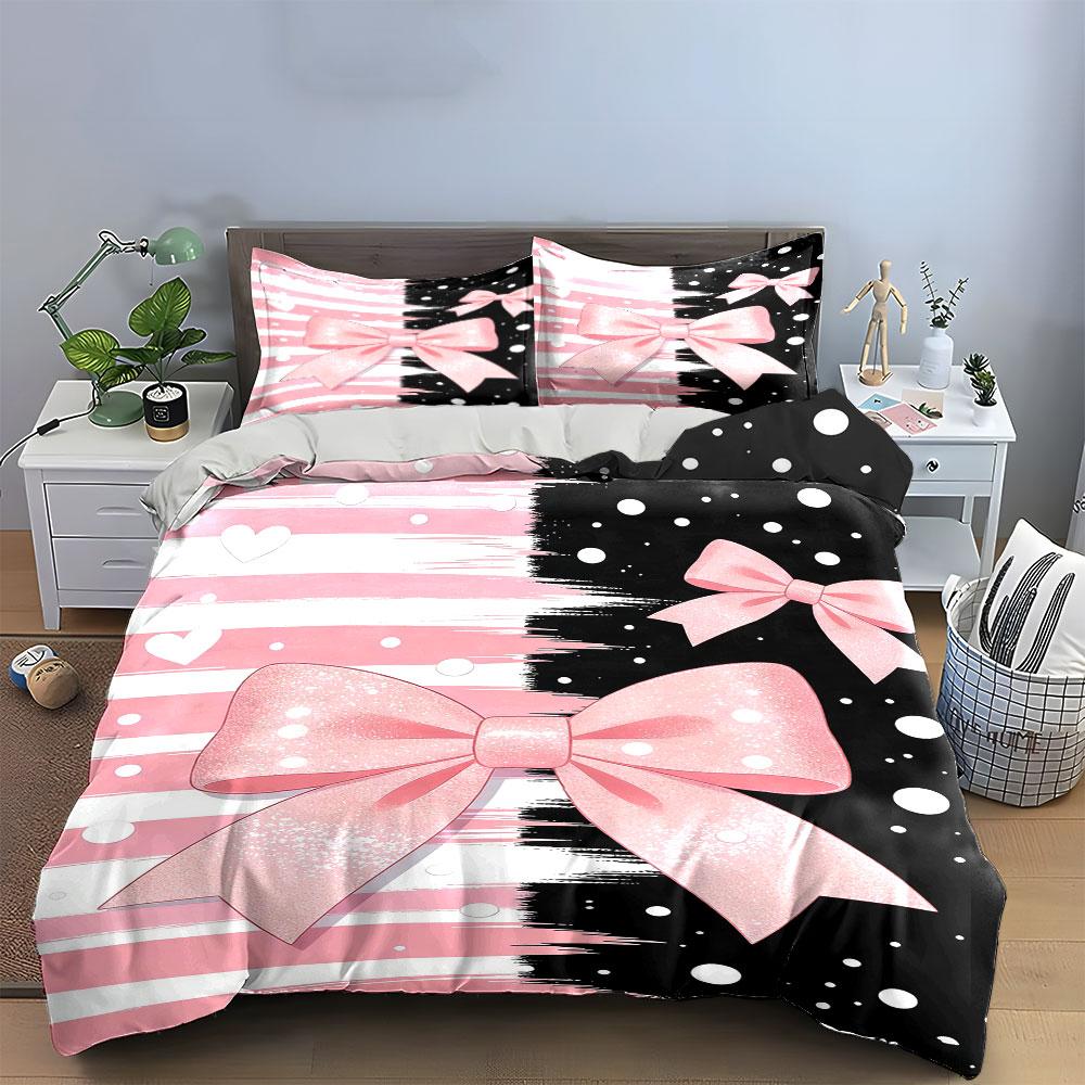 Pink Bows, Stripes, Dots. Bedding Sets Duvet Cover Sets Duvet Covers Pillowcases(1 * Duvet Cover 2 * Pillowcases, Without Duvet Insert)