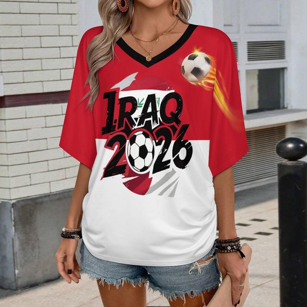Womens Casual V Neck Short Sleeve Pullover T Shirt Soccer Supporter Top with Letter Print for National Team Events