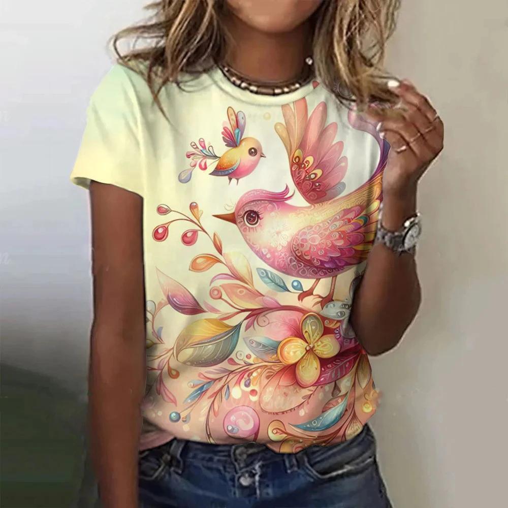 Color Animal Bird 3D Print Women Casual O-Neck Short Sleeve Harajuku Streetwear Y2k Tops