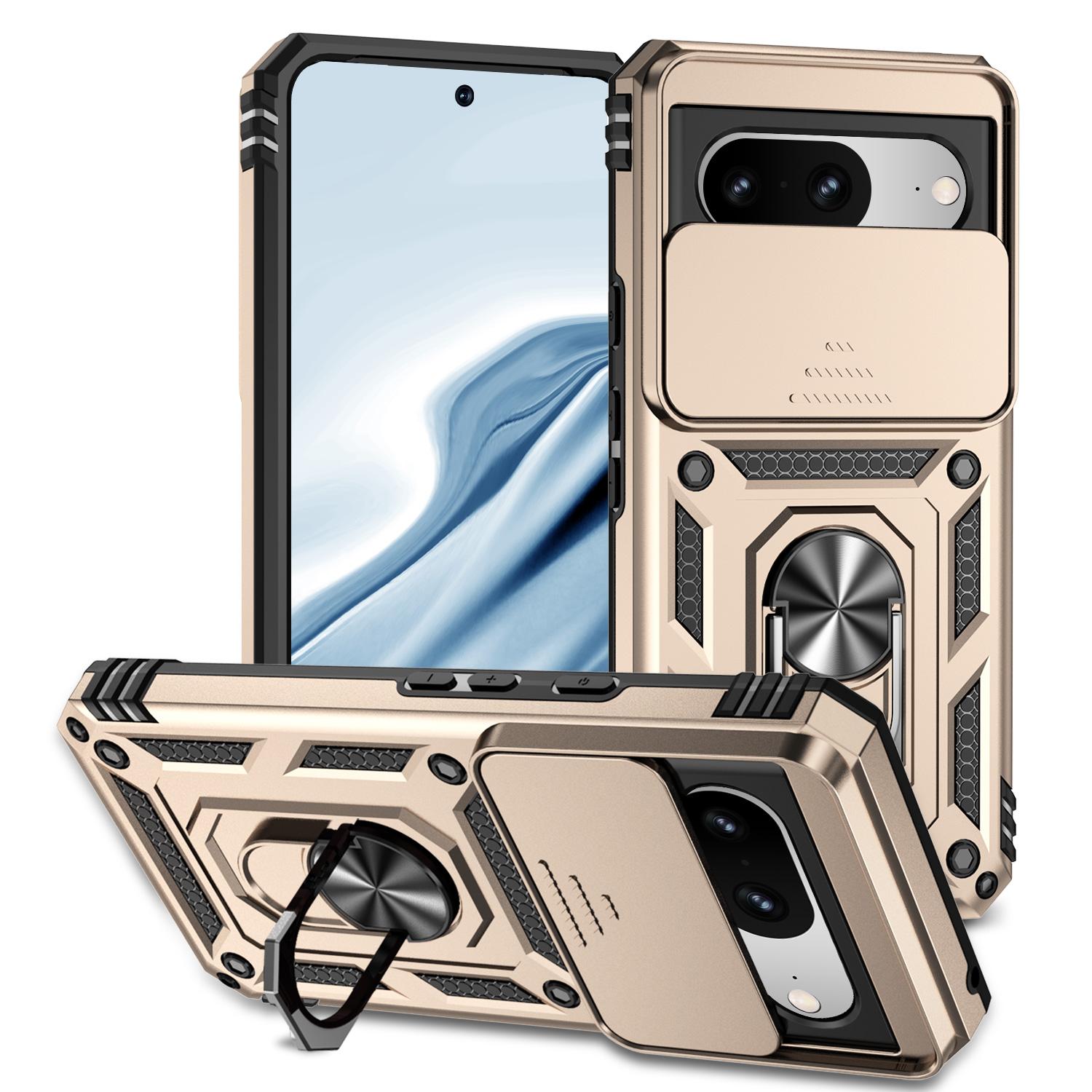 

For Google Pixel 8 Case Ring Kickstand PC+TPU Anti-drop Phone Cover with Slide Camera Lid Gold