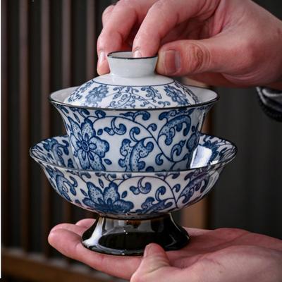 160ml Blue White Porcelain Gaiwan Handmade High Footed Ceramic Gongfu Teaware Portable for Travel Camping Tea
