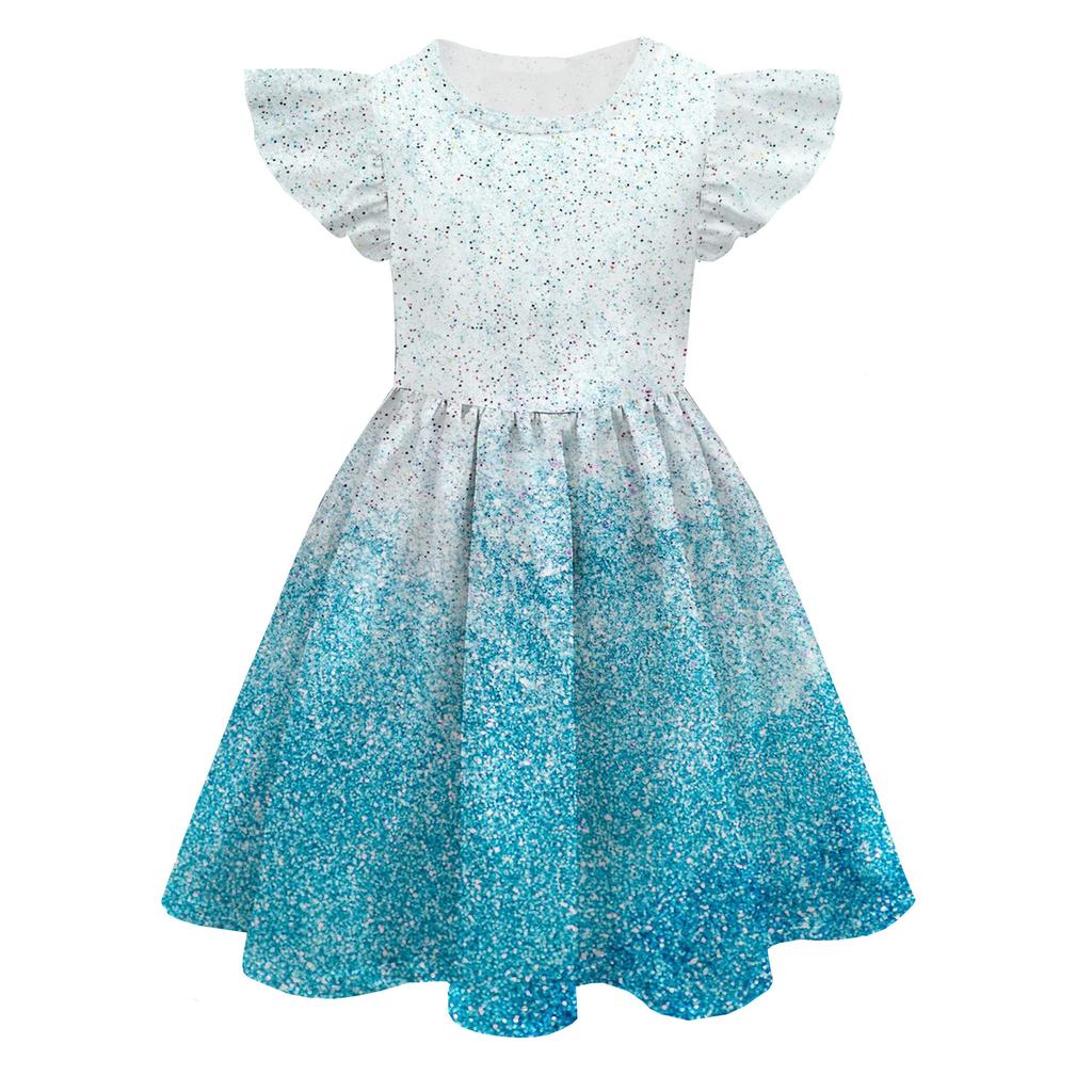 Europäisches und Amerikanisches Feifei-Ärmel Prinzessinnenkleid Farbe Peripherie 3D Digitaldruck Kinder-Milchseidekleid