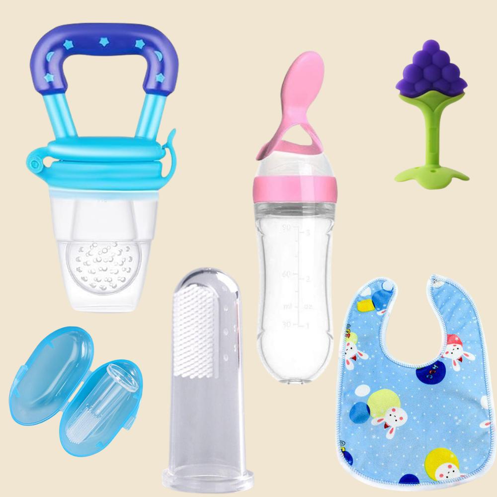 

Baby Feeding & Care Combo – Spoon Bottle Feeder, Fruit Feeder, Teether, Cleaning Brush & Silicone Bib Set Pack of 5