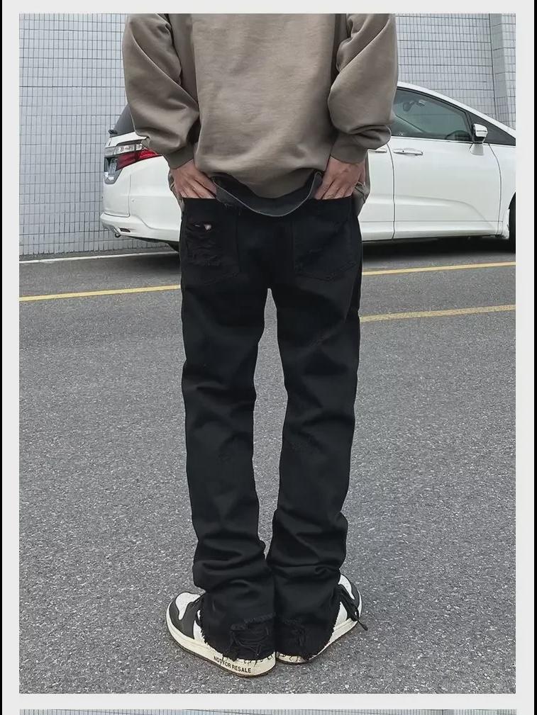 Pánské vintage černé roztrhané slim straight džíny s trendy high street rozšířeným designem