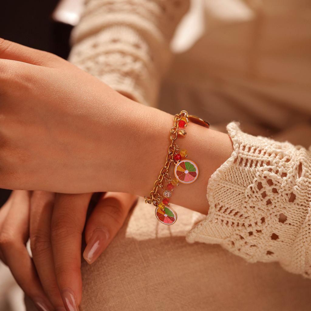 Golden Tone Stainless Steel Fruit Charm Bracelet with Enamel and Crystals for Women