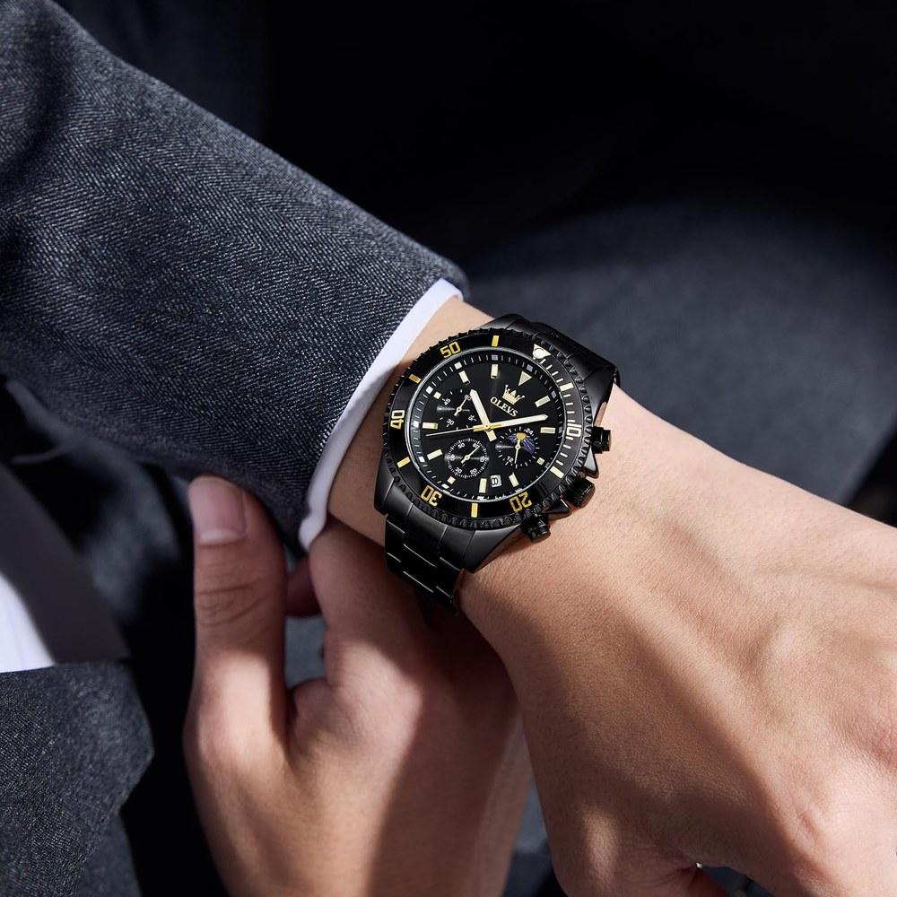 OLEVS Men's Fashion Quartz Chronograph Waterproof Stainless Steel Business Wristwatch Black Date Gift