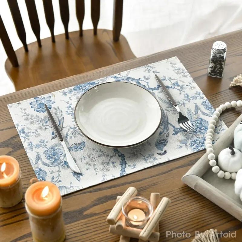 1PC Artoid Mode Bird Floral Leaves Chinoiserie Placemats Branches Spring Table Mats for Party Kitchen Dining Decoration