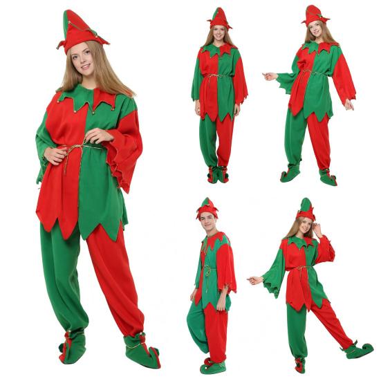 Різдвяний костюм ельфа для сім'ї, дорослих, дітей, наряд ельфа, червоно-зелений колор-блок, шапка ельфа, топ, штани та пояс, святкове вбрання для святкової вечірки для тата, мами, дітей