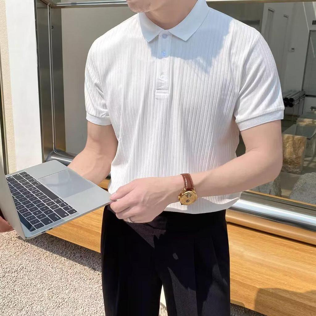 Pánské trendy polo tričko s krátkým rukávem v korejském stylu s texturou