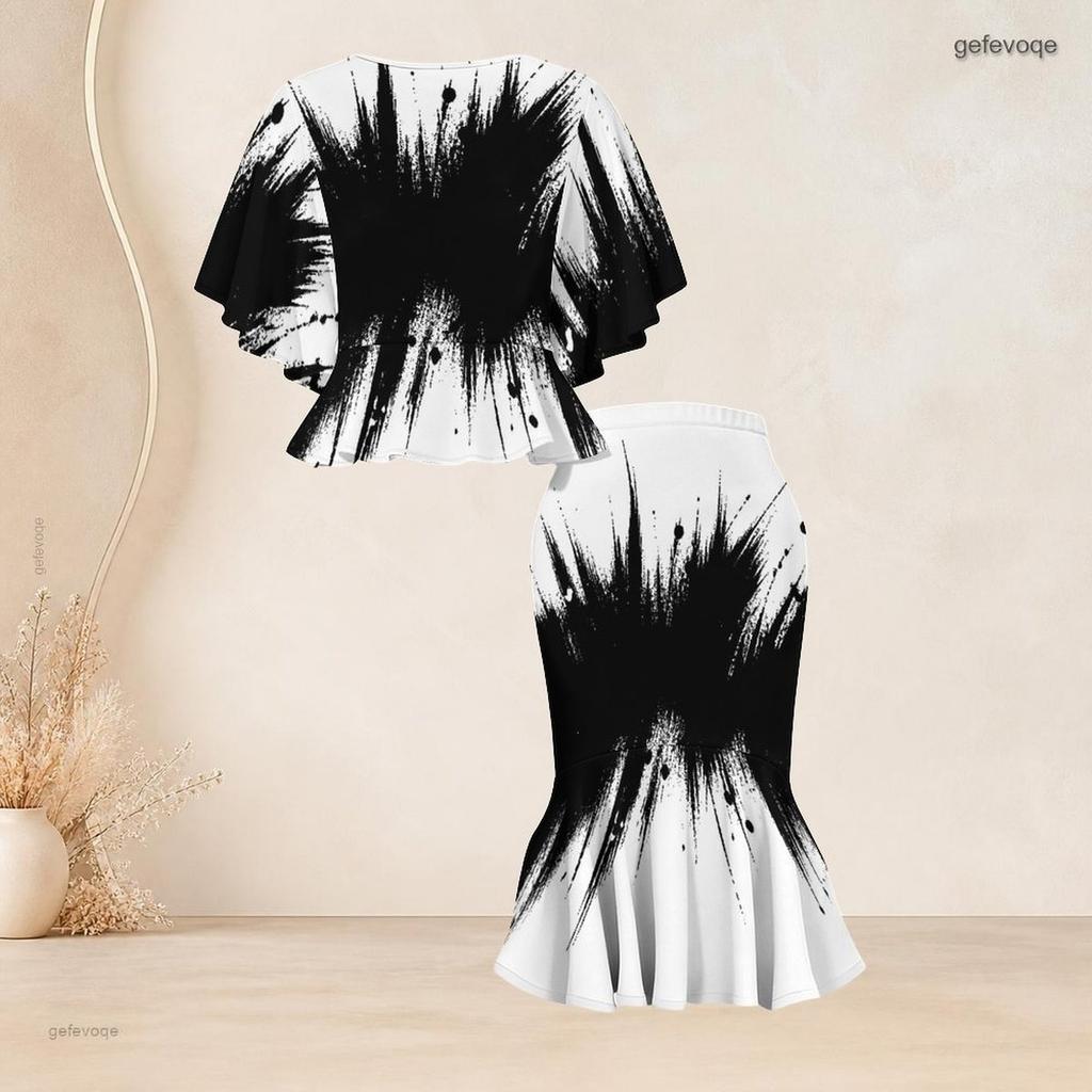 Women Plus Size Two Piece Set Round Neck Batwing Sleeve Black White Printed Ruffle Hem Top Fishtail Skirt