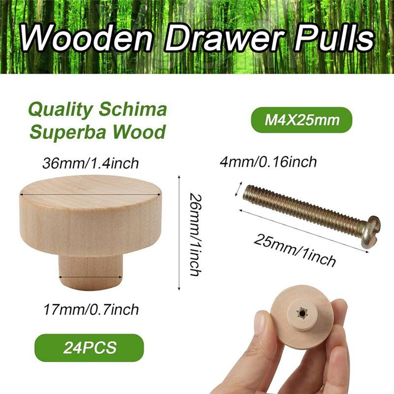 AEE2-Round Wooden Drawer Knobs Wooden Cabinet Furniture Drawer Pulls, Suitable For Drawer Wardrobe Dresser (24 Pieces)