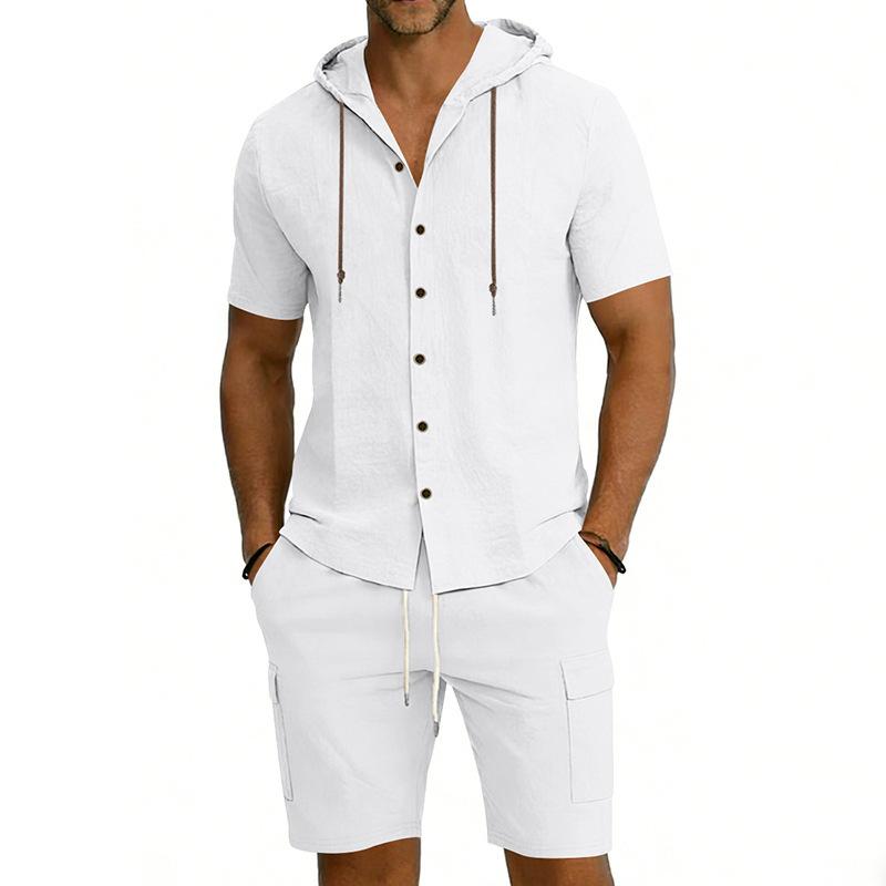 Men S Summer Loose Casual Hooded Short Sleeve Shirt And Cargo Shorts Set S белый