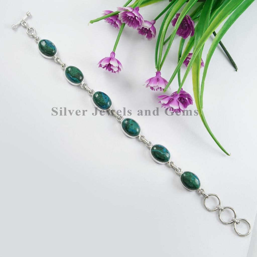 Chrysocolla Bracelet: Oval Green Gemstone, 925 Sterling Silver