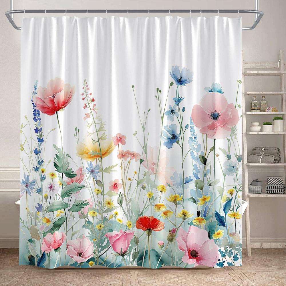Floral Shower Curtain Watercolour Purple Lavender Flowers Butterfly Plants Leaves Bathroom Curtains Fabric Home Decor With Hooks