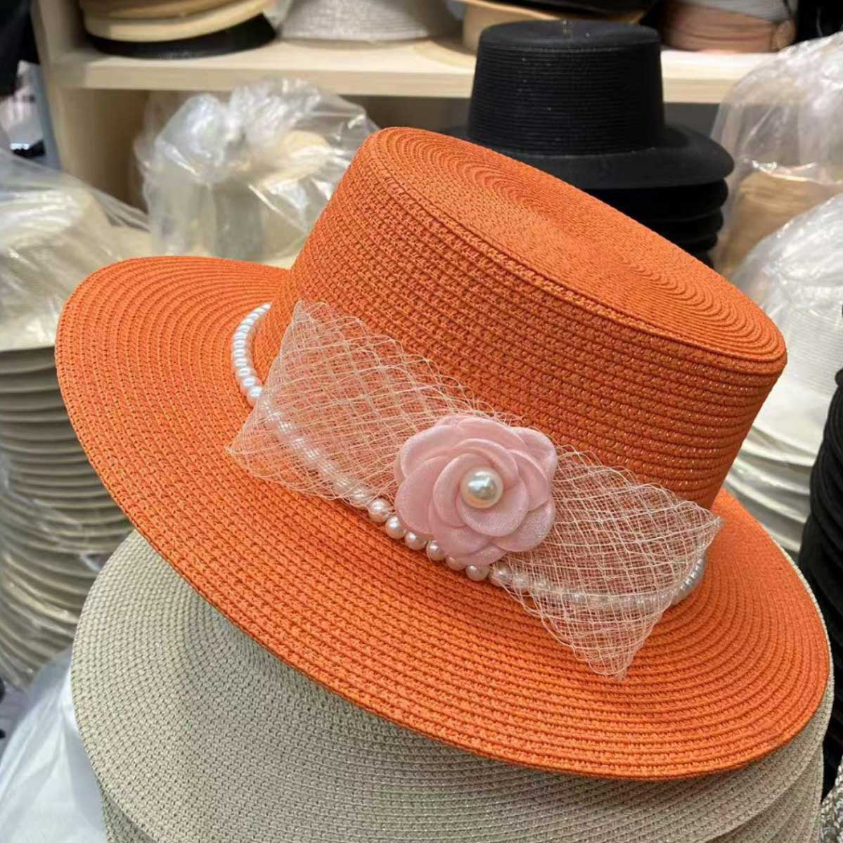 Gorro Women s Flat Top Straw Hat French Elegant Holiday Pearl Flower Straw Hat Summer Beach Sun Hat M55-58cm