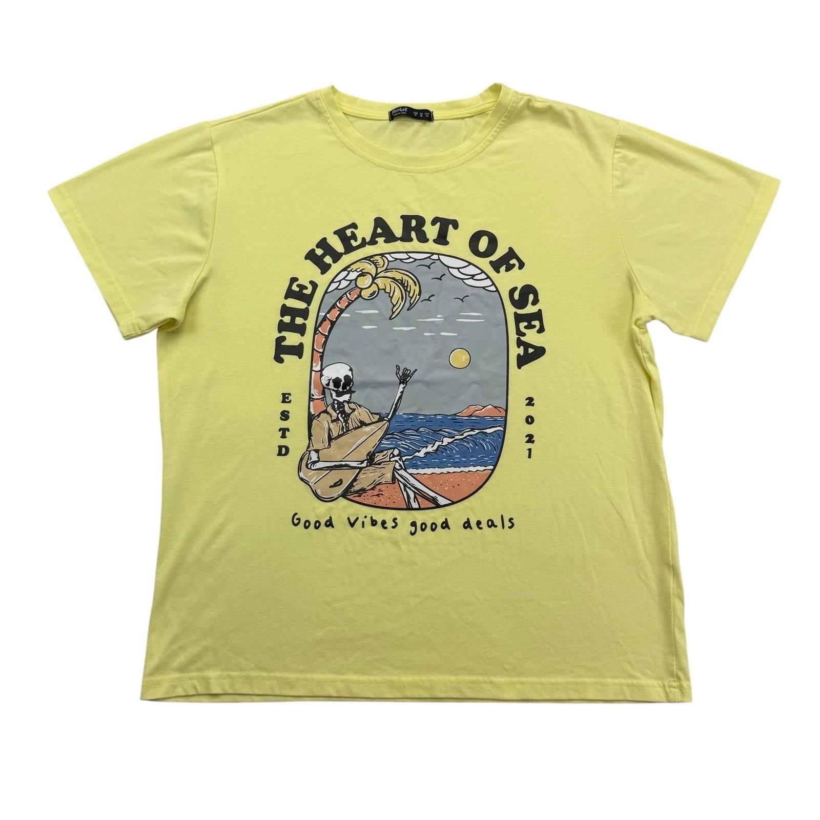 Skeleton Beach Shirt Mens Medium M Yellow ROMWE The Heart of Sea Good Vibes S