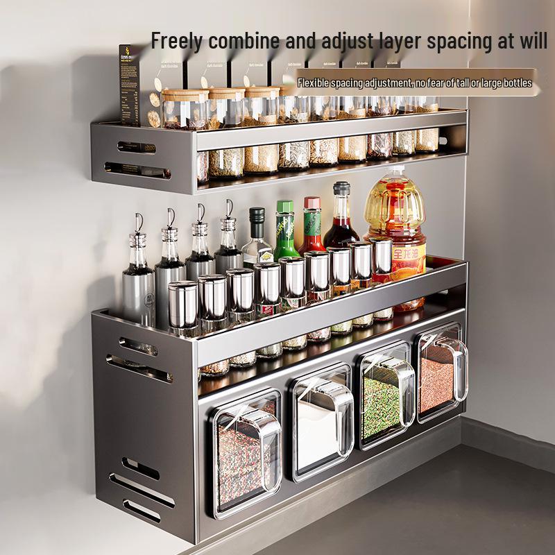 Punch-Free Wall-Mounted Kitchen Seasoning Rack with Jars and Condiment Set