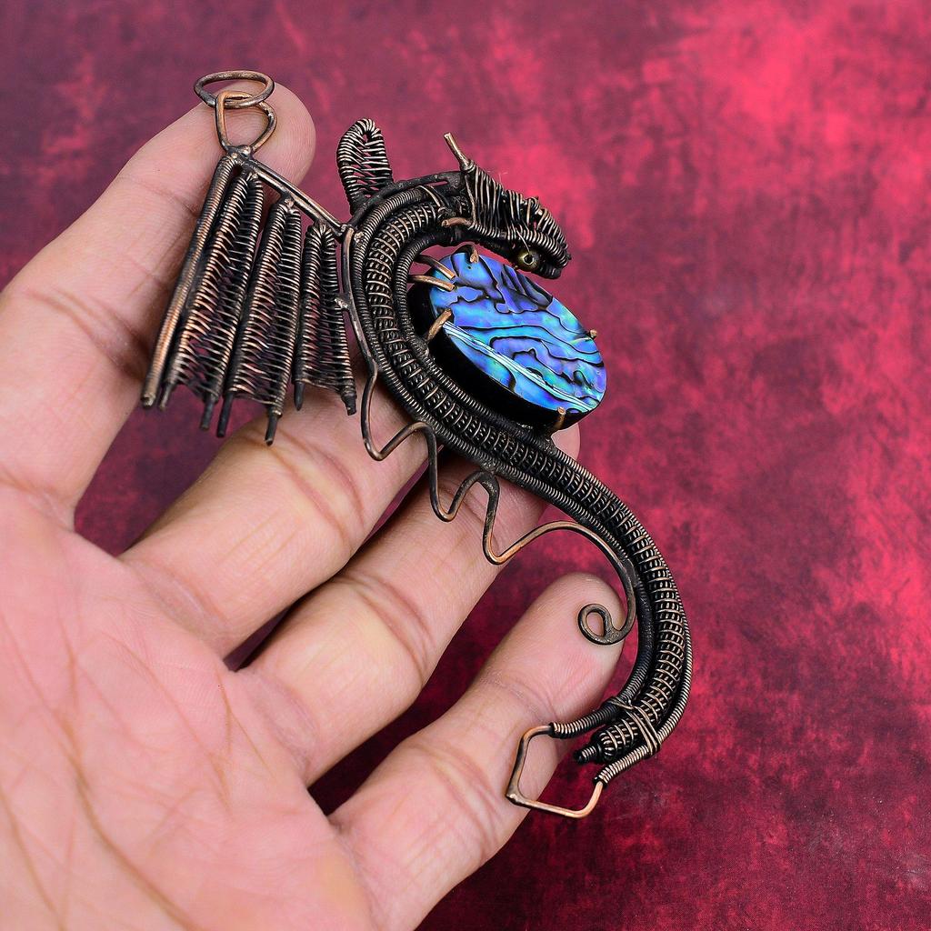Abalone Shell Pendant Copper Wire Wrapped Jewelry Dragon Pendant Handmade Gemstone Jewelry Copper Pendant Gifts for Mother Wire Wrap Pendant