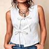Women Summer U Neck Sleeveless Bow Tie Cotton Linen Blouse Top