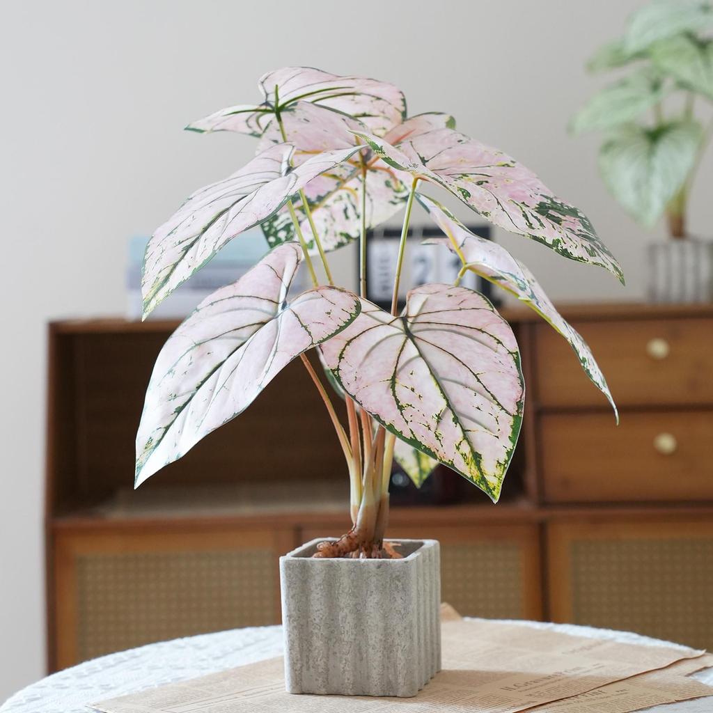 Artificial Turtle Back & Caladium Leaf Plants - Small Potted Decorations for Office, Living Room, or Coffee Table
