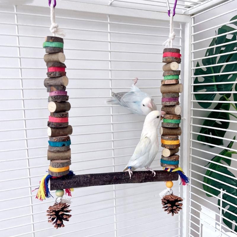 Papageienkäfig Spielzeug Naturholz Kauschaukel Bunter Vogelblock mit Tannenzapfen Für Kleine bis Große Papageien Unterhaltung