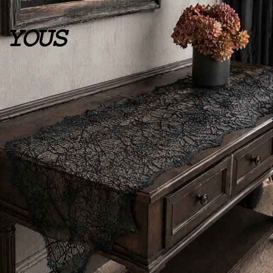 Polyester Lace Runner Spider Web Table Runner, Black Gothic Party Decor Cobweb for Halloween Dining Decoration