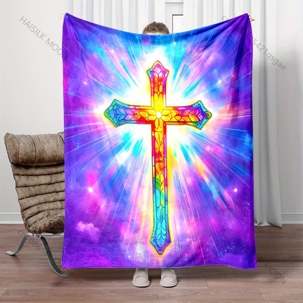 1PC Stained Glass Cross Glow Print Believer Pray blanket Warm soft flannel material suitable for all seasons luxurious gift