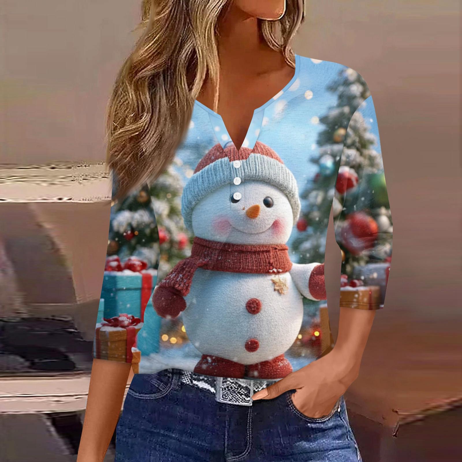 

Женская модная повседневная рождественская блузка с V-образным вырезом и рукавом три четверти, украшенная пуговицами S