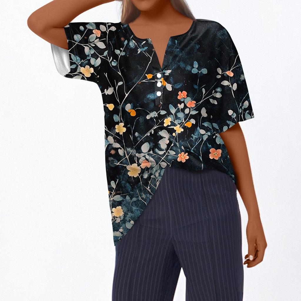 Women's T Shirt Tee Print Button Short Sleeve Daily Weekend Fashion Basic V- Neck Regular Top