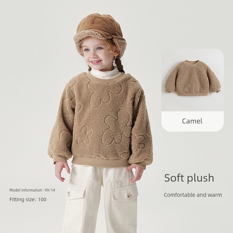 Mark Jenny Girls  Cloud Embroidered Plush Warm Sweatshirt Baby Top 2025 Winter Wear 241089 Camel color 140