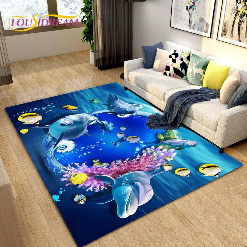 3D Seabed Illusion Underwater World Dolphin Shark Area Rug,Carpet Rug for Living Room Bedroom Sofa Doormat,Non-slip Floor Mat