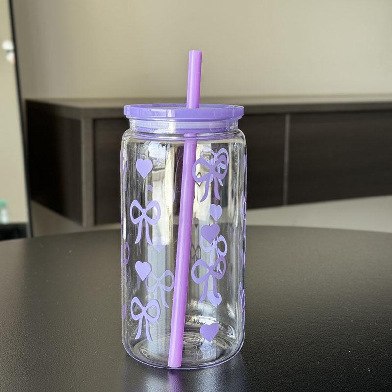 Kawaii Water Bottle Aesthetic Tumbler For Ice Coffee Juice Tea Cute Bowknot Plastic Cups With Straw Lid Portable Drinking Bottle