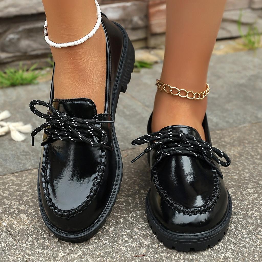 Жіночі однотонні модні та елегантні лофери, декоративні туристичні туфлі на шнурівці, взуття жіноче в коледжному стилі з круглим носком та товстим підбором