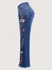 Retro Dark Blue Embroidered Flared Jeans for Women - Mid-High Waist Bell Bottoms for All Seasons