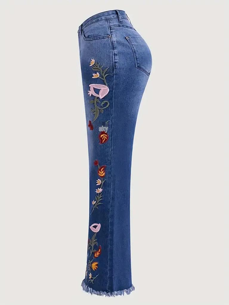 Retro Dark Blue Embroidered Flared Jeans for Women - Mid-High Waist Bell Bottoms for All Seasons
