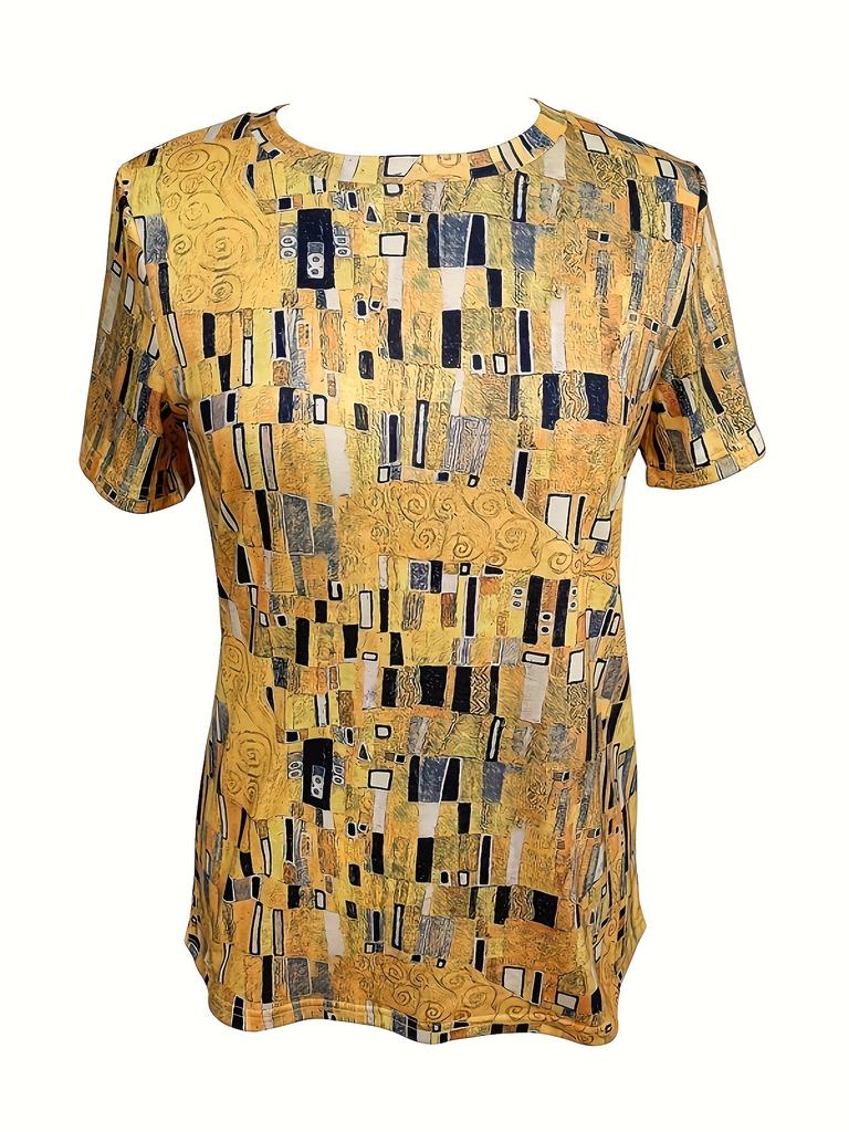 Mustard Yellow Women's Tee - Art Deco Geometric Pattern Graphic, Stylish Retro Print Design for Casual Daily Wear