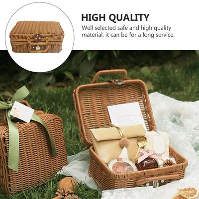Boîte de rangement rétro tissée à la main Valise de voyage Pique-nique Rotin d'imitation Panier de rangement tissé Organisateur pour articles divers à la maison Accessoire décoratif