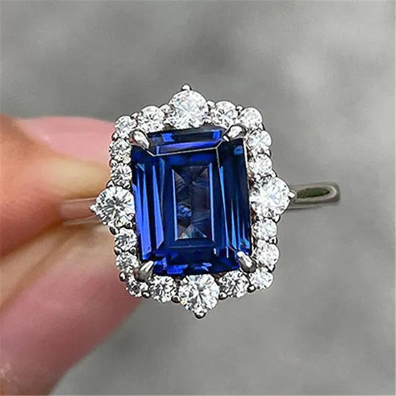 CopperGorgeous Blue Cubic Zirconia Rings for Women Wedding Geometric Shaped Engagement Party Lady Fashion Jewelry