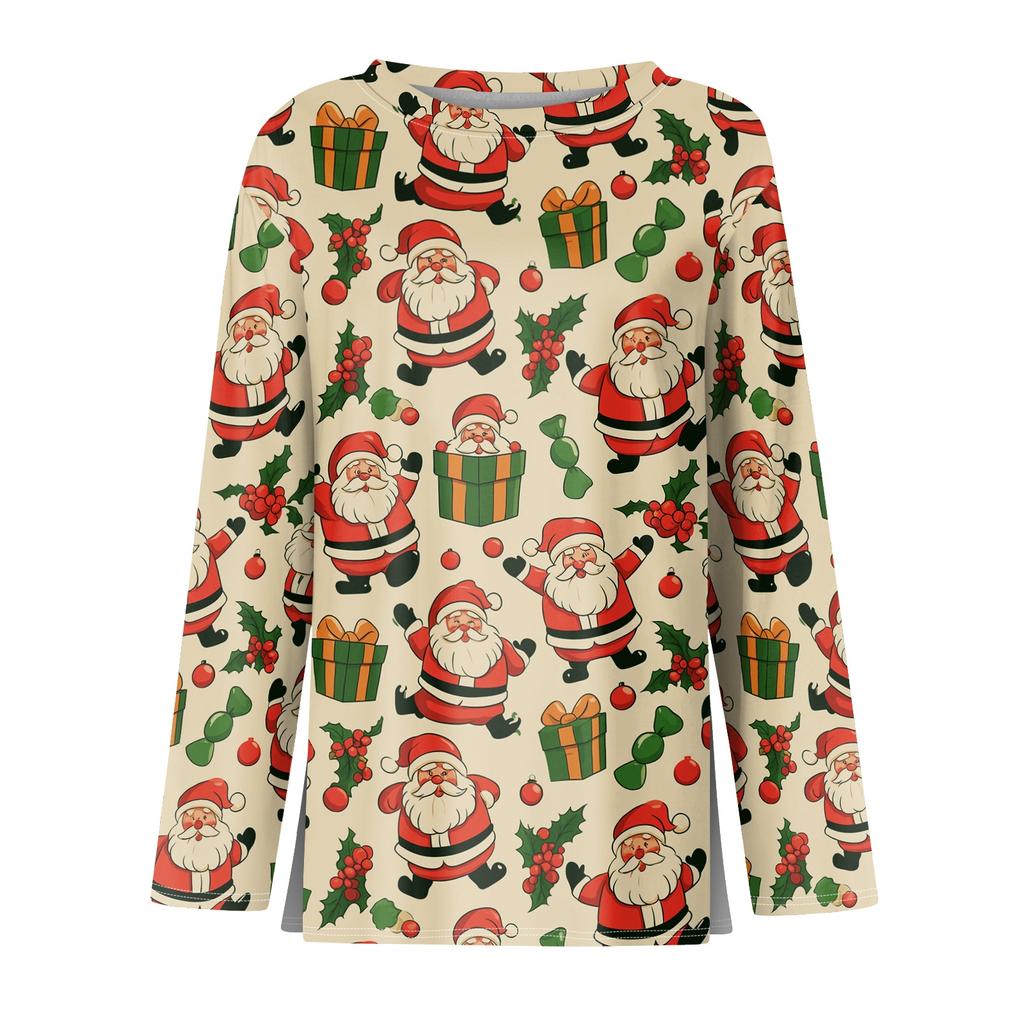 Women's Christmas Tree Print Long Sleeve Neck Top with Side Slit for Holiday Parties