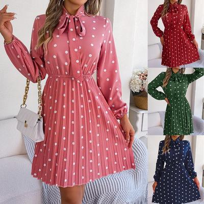Spring and Summer Temperament Polka Dot Waist Long Sleeve Pleated Skirt