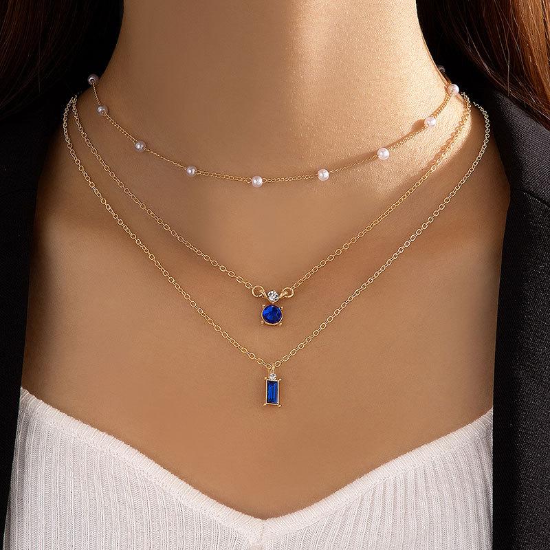 Sweater Chain Creative Retro Imitation Grandmother Blue-green Pearl Chain Multi-layer Necklace Simple Three-layer Collarbone Chain
