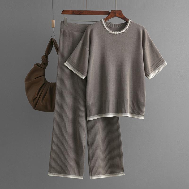 

Женские комплекты брюк, простой пригородный свитер с круглым вырезом, узкие широкие брюки, комплект из 2 предметов, женский наряд, летний свитер One Size коричневый