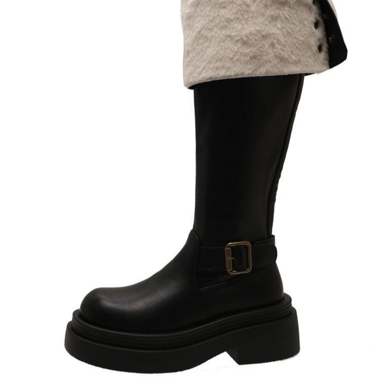 Coarse-heeled knight boots women's 2025 new autumn and winter piled thickened fluffy snow cotton boots stacking boots