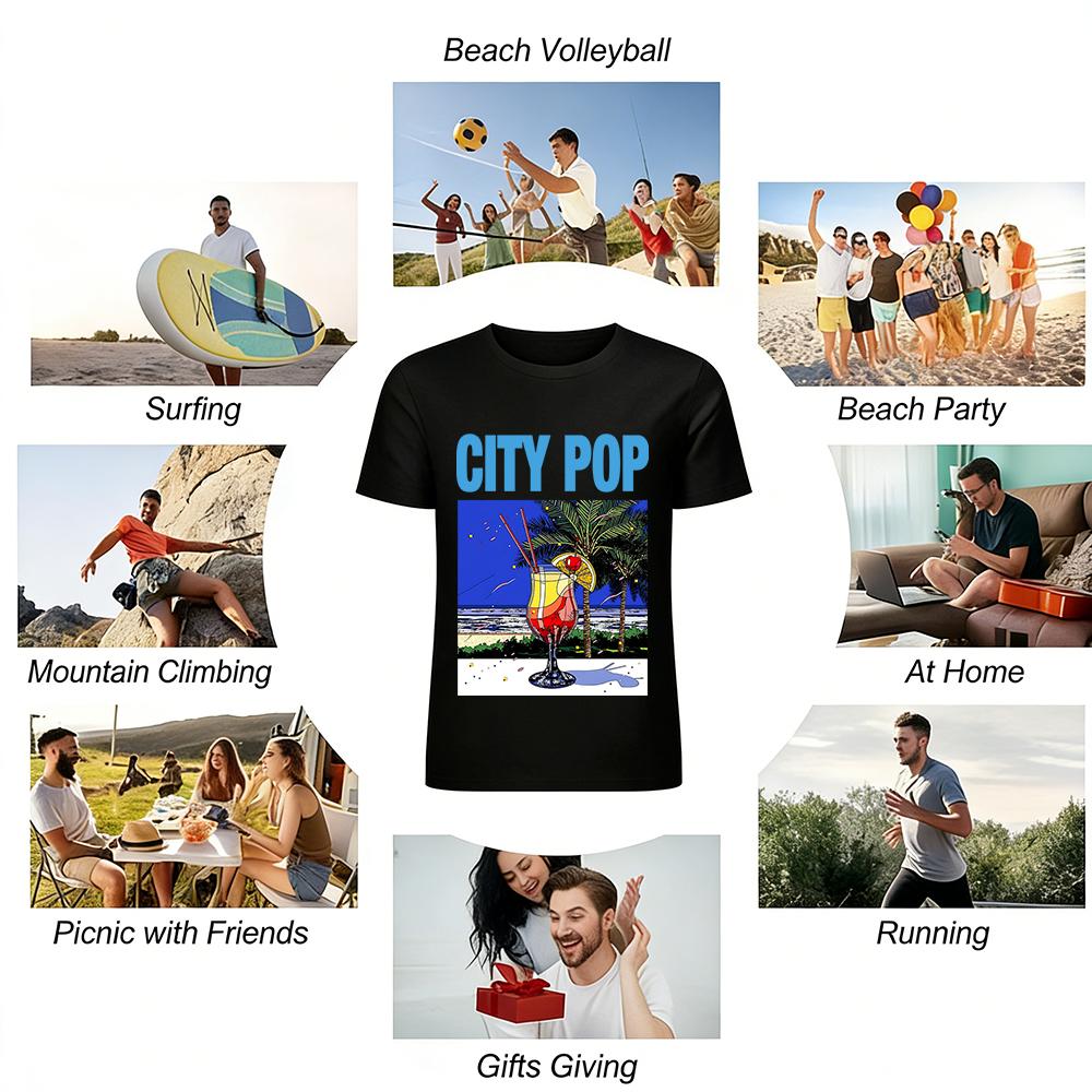 Retro City Pop Style Seaside Cocktail Print T-Shirt Casual Vacation Unisex Top For Summer Pure cotton T-shirt