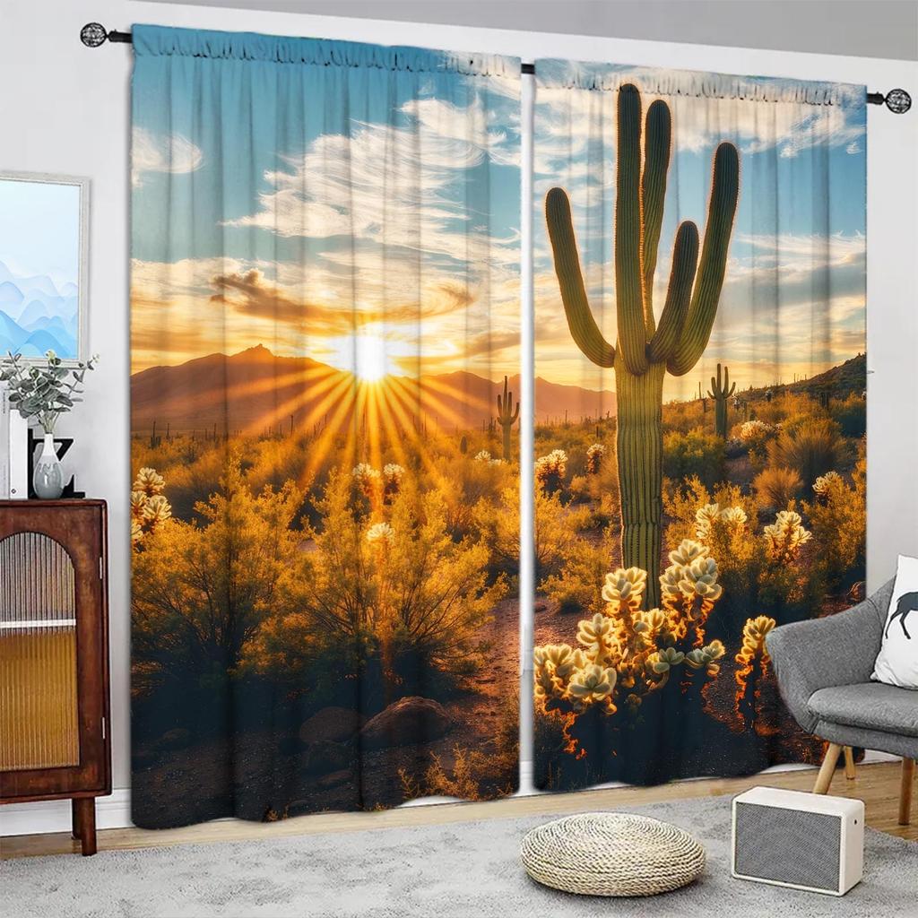 2pcs African Desert Cactus Curtains - Artistic Home Decoration Curtains, All Season Decorative Curtains
