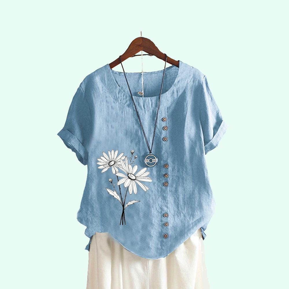 Ladies Flower Print Casual Round Neck Blouses Summer Short Sleeve Plus Size Pullover Loose T-shirt