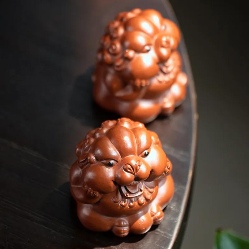 Yixing Purple Clay Tea Pet Ornaments Lucky Fortune Lion Statue Tea Figurine Decoration Handmade Sculpture Crafts Tea Set Decors